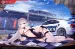  1girl arm_support artist_request azur_lane bangs bare_arms bare_hips bare_shoulders bird black_dress black_footwear black_gloves blue_eyes blue_sky breasts car center_opening checkered checkered_flag cleavage clothes_writing collarbone commentary_request copyright_name criss-cross_halter day dress flag gloves ground_vehicle halter_dress halterneck hand_on_hip headwear_removed helmet helmet_removed large_breasts long_hair looking_at_viewer lying motor_vehicle navel official_art on_ground on_side one_side_up outdoors race_queen racecar revealing_clothes short_dress shoukaku_(azur_lane) silver_hair skindentation sky sleeveless sleeveless_dress solo thighhighs very_long_hair white_legwear 