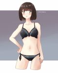  1girl any_(lucky_denver_mint) bare_shoulders black_bra black_panties blush bra brown_hair cowboy_shot dated gradient gradient_background grey_eyes highres midriff navel original panties short_hair solo twitter_username underwear underwear_only 