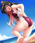  1girl adjusting_clothes adjusting_swimsuit artist_name back beach black_hair black_swimsuit blush breasts competition_swimsuit covered_navel cowboy_shot dated day eyebrows_visible_through_hair fangs highleg highleg_swimsuit highres kantai_collection large_breasts long_hair looking_back multicolored_hair naganami_(kantai_collection) ocean one-piece_swimsuit pink_hair purple_swimsuit sand skindentation solo swimsuit tsuchimiya two-tone_hair water wavy_hair wet wet_clothes wet_swimsuit yellow_eyes 
