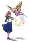  1girl blue_dress bow box brown_hair bug butterfly calf_socks cross-laced_footwear dress full_body glasses golden_wings hair_bow highres holding holding_box insect kunikida_hanamaru love_live! love_live!_sunshine!! medium_hair orange_eyes ribbon shadow shamakho solo stand_(jojo) standing striped striped_neckwear white_legwear 