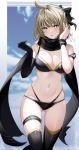  1girl :o ahoge ass_visible_through_thighs bangs bare_shoulders bikini black_bikini black_bow black_gloves black_legwear black_scarf blurry blurry_background blush bow breasts brown_hair cleavage cloud depth_of_field elbow_gloves eyebrows_visible_through_hair fate/grand_order fate_(series) feet_out_of_frame flying_sweatdrops gloves grey_eyes hair_bow highres looking_at_viewer medium_breasts multi-strapped_bikini okita_souji_(fate)_(all) okita_souji_(swimsuit_assassin)_(fate) parted_lips scarf short_hair single_glove solo strap_slip sweatband swimsuit thigh_strap thighhighs twitter_username xretakex 