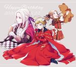  3girls age_comparison brown_hair cape chess_piece chessboard closed_mouth dated dress edelgard_von_hresvelg fire_emblem fire_emblem:_three_houses flower garreg_mach_monastery_uniform gloves grey_background hair_ribbon happy_birthday headpiece high_heels highres hiyori_(rindou66) holding holding_flower holding_stuffed_animal horns long_hair long_sleeves multiple_girls open_mouth purple_eyes red_cape ribbon simple_background sitting stuffed_animal stuffed_toy teddy_bear twintails uniform white_background white_hair younger 