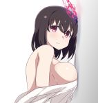  1girl against_wall bangs bare_shoulders black_hair breasts cleavage eyebrows_visible_through_hair fire flame ghost hitodama japanese_clothes kimono large_breasts looking_at_viewer medium_hair pink_eyes towa_rui towa_rui_channel upper_body white_kimono yotsuya_pro 