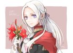  1girl cape closed_mouth edelgard_von_hresvelg fire_emblem fire_emblem:_three_houses flower garreg_mach_monastery_uniform gloves hair_ribbon happy_birthday holding holding_flower long_hair purple_eyes red_cape ribbon robaco simple_background solo twitter_username uniform upper_body white_gloves white_hair 