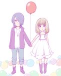  1boy 1girl balloon bare_shoulders black_hair boots brown_hair cardigan chibi closed_mouth dress hair_over_one_eye highres holding_balloon holding_hands iino_miko ishigami_yuu jewelry just_be_friends_(vocaloid) kaguya-sama_wa_kokurasetai_~tensai-tachi_no_renai_zunousen~ kawaiimelodies long_hair low_twintails necklace simple_background twintails white_dress 