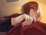  1girl 92m blanket brown_hair commentary_request covering_with_blanket from_below hair_ornament hairclip higuchi_madoka idolmaster idolmaster_shiny_colors looking_at_viewer looking_down mole mole_under_eye nail_polish purple_eyes short_hair solo 