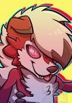  ambiguous_gender anthro black_nose canid canine cheek_tuft ear_markings facial_markings facial_tuft fangs fur hair head_markings hi_res lycanroc mammal markings midnight_lycanroc moonriderx multicolored_body multicolored_fur nintendo pok&eacute;mon pok&eacute;mon_(species) red_body red_eyes red_fur simple_background smile teeth tongue tongue_out tuft video_games white_body white_fur white_hair yellow_background 