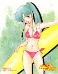  1980s_(style) 1girl bikini brown_eyes cowboy_shot drop_shadow earrings fubuki_kyouko green_hair halter_top halterneck high_ponytail highres holding_surfboard inomata_mutsumi jewelry lipstick logo long_hair looking_at_viewer makeup navel official_art oldschool plawres_sanshirou red_bikini red_lips signature solo swimsuit 