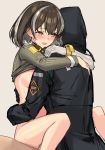  1boy 1girl arknights artist_request bare_legs black_hair doctor_(arknights) earrings green_sweater highres hood hooded_jacket hug implied_sex jacket jewelry magallan_(arknights) multicolored_hair open_mouth short_hair smile streaked_hair sweater white_hair yellow_eyes 