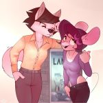  anthro bottomwear brown_eyes canid canine canis clothing domestic_dog duo female green_eyes hi_res korean_jindo landlord_(wick) maisie_whisk mammal mouse murid murine pants rodent siden spitz stare tailwag topwear wick_(artist) 