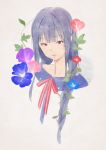  1girl bangs blue_hair blunt_bangs braid collarbone eyebrows_visible_through_hair floral_background flower hibike!_euphonium highres kamo_kamen liz_to_aoi_tori looking_down open_mouth purple_eyes red_neckwear ribbon side_braid simple_background solo traditional_media watercolor_(medium) yoroizuka_mizore 