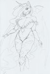  anthro anthrofied big_breasts breasts capcom cleavage clothed clothing cosplay darkstalkers equid female friendship_is_magic hasbro hi_res horn longinius mammal monochrome morrigan_aensland my_little_pony princess_celestia_(mlp) simple_background solo video_games white_background wide_hips winged_unicorn wings 