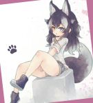  alternate_costume animal_ears black_hair blouse blue_eyes blush casual commentary_request denim denim_shorts extra_ears eyebrows_visible_through_hair grey_hair grey_wolf_(kemono_friends) heterochromia highres kemono_friends kemono_friends_3 kolshica long_hair multicolored_hair neck_ribbon paw_print ribbon shoes short_shorts short_sleeves shorts sitting sneakers tail white_blouse wolf_ears wolf_girl wolf_tail yellow_eyes yellow_neckwear 