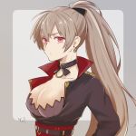  1girl azur_lane black_choker black_jacket black_ribbon border breasts brown_hair choker cleavage collarbone commentary_request earrings eveundyne grey_background grey_border hair_between_eyes hair_ribbon jacket jean_bart_(azur_lane) jewelry large_breasts long_hair ponytail red_corset red_eyes ribbon solo upper_body 