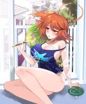  ahoge arts_shirt breasts fate/grand_order fate_(series) fujimaru_ritsuka_(female) hair_ornament hair_scrunchie koohii_koucha_maru large_breasts mosquito_coil one_side_up orange_eyes orange_hair scrunchie side_ponytail thighs 