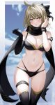  1girl :o absurdres ahoge ass_visible_through_thighs bangs bare_shoulders bikini black_bikini black_bow black_gloves black_legwear black_scarf blurry blurry_background blush bow breasts brown_hair cleavage cloud depth_of_field elbow_gloves fate/grand_order fate_(series) feet_out_of_frame flying_sweatdrops gloves grey_eyes hair_bow highres large_breasts looking_at_viewer medium_breasts multi-strapped_bikini navel okita_souji_(fate)_(all) okita_souji_(swimsuit_assassin)_(fate) parted_lips scarf short_hair single_glove skindentation solo stomach strap_slip sweatband swimsuit thigh_strap thighhighs thighs twitter_username xretakex 
