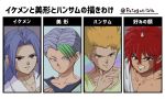  4boys antenna_hair bangs blonde_hair blue_hair collarbone face forehead jin_kaze_tsukai juyo_tsukai_touya lips looking_at_viewer male_focus multiple_boys parted_lips petagon red_hair shishiwakamaru short_hair sidelocks suzuki_(yuu_yuu_hakusho) teeth twitter_username yuu_yuu_hakusho 