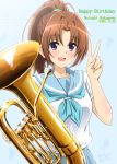  1girl artist_name bass_clef blue_background blue_neckwear blush brown_hair commentary_request dated diesel-turbo eighth_note eyebrows_visible_through_hair hair_between_eyes hair_intakes happy_birthday hibike!_euphonium highres holding holding_instrument instrument looking_at_viewer musical_note nakagawa_natsuki neckerchief open_mouth ponytail purple_eyes sailor_collar sidelocks simple_background solo tuba upper_body v white_serafuku 