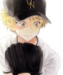  1boy baseball_cap baseball_mitt black_headwear blonde_hair facing_viewer hat komorikorimo male_focus mihashi_ren ookiku_furikabutte shirt simple_background solo sweatdrop upper_body white_background white_shirt 