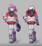  1girl absurdres arm_at_side bodysuit bodysuit_under_clothes commentary_request contrapposto full_body grey_background hand_on_hip headwear_removed helmet helmet_removed highres holding holding_helmet hood hood_up hoodie large_shoes looking_at_viewer off-shoulder_jacket off_shoulder original pilot_suit pink_eyes pink_hair shoes smile solo user_zykz2352 
