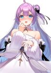  1girl absurdres ahoge azur_lane bangs bare_shoulders blue_eyes blush commentary dress eyebrows_visible_through_hair hair_between_eyes hair_bun hair_ribbon hand_to_own_mouth highres huge_filesize jewelry long_hair long_sleeves looking_at_viewer open_mouth purple_hair ribbon ring side_bun simple_background solo strapless strapless_dress unicorn_(a_dream_of_pure_vows)_(azur_lane) unicorn_(azur_lane) very_long_hair wedding_dress wedding_ring white_background white_dress yamanokami_eaka 