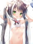  1girl :o animal_ears areola_slip areolae armpits arms_up bare_arms bare_shoulders black_hair blurry breasts brooch bunching_hair cat_ears commentary_request depth_of_field frown futaba_miwa green_eyes groin jewelry karyl_(princess_connect!) long_hair looking_at_viewer midriff multicolored_hair navel no_bra open_mouth princess_connect! princess_connect!_re:dive shirt sidelocks sleeveless sleeveless_shirt small_breasts solo stomach streaked_hair twintails upper_body very_long_hair white_shirt 