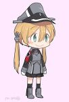  1girl ahenn aqua_eyes black_legwear black_skirt blonde_hair eyebrows_visible_through_hair full_body gloves hair_between_eyes hat kantai_collection long_hair long_sleeves military military_hat military_uniform peaked_cap pleated_skirt prinz_eugen_(kantai_collection) skirt smile solo thighhighs twitter_username uniform white_gloves 