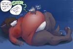  anthro azathura belly big_belly big_breasts bottomless breasts canid canine canis clothed clothing dialogue digestion english_text female female_pred mammal oral_vore patting rumbling_stomach solo_focus text thick_thighs vore wolf 