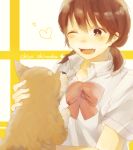  1girl ;d blush bow brown_hair character_name dog kumagu one_eye_closed ookiku_furikabutte open_mouth red_bow school_uniform shinooka_chiyo short_hair short_twintails simple_background smile solo twintails 