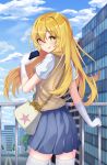  +_+ 1girl bag bangs blonde_hair blue_sky blurry blurry_background blush breasts brown_bag building chain cloud cloudy_sky coma_(light825) commentary_request controller day elbow_gloves eyebrows_visible_through_hair from_behind gloves highres holding large_breasts long_hair looking_at_viewer outdoors pleated_skirt remote_control school_uniform shirt shokuhou_misaki short_sleeves shoulder_bag skirt sky smile solo star_(symbol) star_print sweater_vest symbol-shaped_pupils thighhighs to_aru_kagaku_no_railgun to_aru_majutsu_no_index tongue tongue_out white_gloves white_legwear white_shirt yellow_eyes 