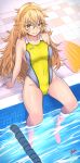  1girl aiuchi bangs blonde_hair breasts collarbone commentary_request competition_swimsuit covered_navel girls_frontline green_eyes hair_between_eyes hairband highleg highleg_swimsuit highres kickboard long_hair medium_breasts messy_hair one-piece_swimsuit painttool_sai_(medium) photoshop_(medium) pool poolside s.a.t.8_(girls_frontline) sitting soaking_feet solo swimsuit tile_floor tiles yellow_hairband yellow_swimsuit 