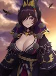  bird breasts brown_hair character_request cleavage cloud cloudy_sky hair_over_one_eye highres japanese_clothes large_breasts lemonrou light_smile looking_at_viewer purple_eyes senran_kagura senran_kagura_new_link sky thick_eyebrows 
