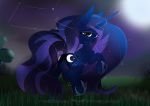  absurd_res blue_body equid female feral friendship_is_magic hasbro hi_res horn looking_back mammal moon my_little_pony night outside princess_luna_(mlp) solo sparkles therealf1rebird winged_unicorn wings 