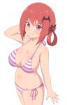  1girl arm_at_side arm_behind_head arm_up bangs bare_arms bare_shoulders bat_hair_ornament bikini blush breasts cleavage closed_mouth collarbone commentary_request cowboy_shot eyebrows_visible_through_hair fang gabriel_dropout hair_between_eyes hair_ornament hair_ribbon hair_rings halterneck hand_behind_head highres kurumizawa_satanichia_mcdowell large_breasts looking_at_viewer navel nyaroon pink_eyes red_hair ribbon short_hair side-tie_bikini sidelocks simple_background skindentation smile solo standing stomach striped striped_bikini swimsuit thighs white_background 
