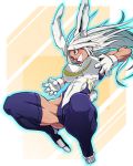  1girl animal_ears arms_up ass_visible_through_thighs bare_arms biceps boku_no_hero_academia breasts bunny_ears bunny_tail commentary_request covered_nipples crescent_print dark_skin floating_hair full_body fur_collar grin highleg highleg_leotard highres impossible_clothes impossible_leotard jin_(mugenjin) large_breasts leotard long_hair looking_afar midair mirko muscle muscular_female rabbit_girl red_eyes smile solo spread_legs superhero tail teeth thick_thighs thigh_strap thighs v-shaped_eyebrows white_hair 