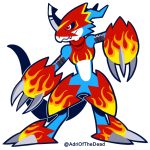  1:1 2014 adriofthedead armor blue_body blue_scales claws digimon digimon_(species) fangs flamedramon horn male markings red_armor red_eyes reptile scales scalie sharp_teeth signature simple_background teeth white_background white_body white_scales yellow_markings 
