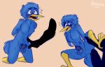  anthro avian balls bdsm beak berdly bird blue_body blue_feathers blush bodily_fluids charlie03bigote chastity_cage chastity_device deltarune duo erection feathers genitals male male/male nude penis questionable_consent tail_feathers tears video_games yellow_feet 