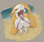  anthro beach big_breasts bikini bodily_fluids breasts clothed clothing cum cum_covered cum_in_mouth cum_inside cum_on_breasts excessive_cum female fish genital_fluids hi_res high-angle_view jeremeh kneeling marine messy open_mouth seaside shark skimpy solo swimwear tongue tongue_out 