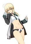  1girl ahoge artoria_pendragon_(all) bangs bikini black_footwear blonde_hair breasts collarbone fate/grand_order fate_(series) green_eyes grey_jacket highres jacket long_hair long_sleeves looking_at_viewer low_ponytail namonashi navel open_clothes open_jacket saber sidelocks simple_background small_breasts swimsuit thighs white_background 