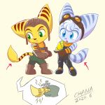  anthro blue_eyes clothed clothing duo eyewear female fur gloves goggles goggles_on_head green_eyes handwear hi_res lombax male mammal prosthetic prosthetic_arm prosthetic_limb ratchet ratchet_and_clank rift_apart_lombax scissors simple_background stripes tailchana video_games 