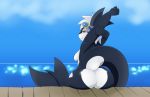  background_sky big_butt black_body breasts butt cetacean delphinoid female hair mammal marine oceanic_dolphin onyki orca pier rear_view sea short_stack side_boob solo stretching swimming_goggles tohtori_crow toothed_whale water white_body white_hair 