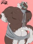  3:4 accessory anthro blush butt canid canine canis clothed clothing fur grey_body grey_clothing grey_fur grey_topwear headband hi_res horkeukamui looking_back male mammal muscular muscular_male rear_view reclamon simple_background solo sweater tokyo_afterschool_summoners topwear video_games virgin_killer_sweater wolf yellow_eyes 