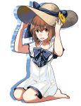  1girl alternate_costume anchor anchor_symbol bangs barefoot blue_bow blush bow brown_eyes brown_hair dress eyebrows_visible_through_hair flower full_body hat kantai_collection open_mouth outline sagamiso short_hair simple_background sitting solo speaking_tube_headset sun_hat sundress twitter_username yellow_flower yukikaze_(kantai_collection) 