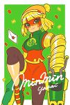  1girl arms_(game) artist_name beanie blonde_hair character_name confetti green_background green_eyes hat leg_up letter mask min_min_(arms) smile super_smash_bros. yasaikakiage 