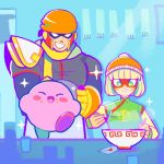  +_+ 1boy 1girl arms_(game) bandana bangs beanie blonde_hair blunt_bangs bob_cut bowl captain_falcon chopsticks denaseey eating employee_uniform english_commentary f-zero food food_on_face gloves green_eyes half_mask hat helmet kirby kirby_(series) min_min_(arms) noodles orange_headwear ramen restaurant short_hair sleeveless smile sparkle super_smash_bros. table uniform visor yellow_gloves 