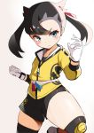  1girl aqua_hair asymmetrical_hair black_hair blush gloves jacket long_sleeves mary_(pokemon) mituyota_76 pokemon pokemon_(game) pokemon_swsh short_shorts short_twintails shorts solo thighs twintails yellow_jacket 