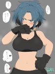  1girl armpits bangs bare_shoulders black_gloves blue_eyes blue_hair breasts cargo_pants character_name cleavage earrings gloves jewelry leona_heidern military navel oniku_(mndayo) pants ponytail soldier solo tank_top the_king_of_fighters translated 