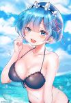 1girl bangs bare_arms bare_shoulders bikini black_bikini blue_eyes blue_hair blue_sky blurry blurry_background blush breasts cleavage cloud cloudy_sky collarbone commentary_request day hair_ornament hair_ribbon highres large_breasts looking_at_viewer maid_headdress navel ocean open_mouth outdoors partial_commentary re:zero_kara_hajimeru_isekai_seikatsu rem_(re:zero) ribbon short_hair sky smile solo swimsuit upper_body upper_teeth water x_hair_ornament yu_lei 