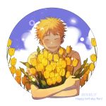  1boy :d character_name closed_eyes dated day facing_viewer flower happy_birthday highres holding holding_flower lens_flare male_focus mihashi_ren onigiri_booo ookiku_furikabutte open_mouth orange_hair outdoors smile solo tulip upper_body yellow_flower 