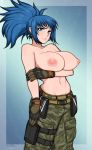  1girl afrobull bangs bare_shoulders blue_eyes blue_hair breasts cargo_pants gloves highres jewelry large_breasts leona_heidern midriff navel nipples pants ponytail serious soldier solo the_king_of_fighters the_king_of_fighters_xiv 